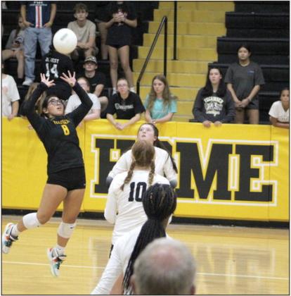 Lady Savages Libero Kayloni Cruz volleys the ball during Tecumseh’s third game with Blanchard on Aug. 24, 2023. File photo