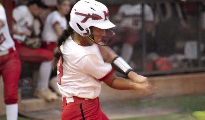 McLoud's Macen Fixico slams a single during the Aug. 24 home game.
