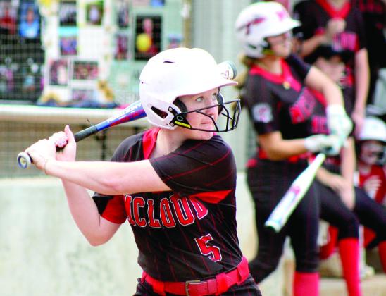 McLoud senior Graci Bishop takes her turn at bat during the home game with Bethel on April 14. The Lady Redskins beat the Lady Wildcats, 8-7, in extra innings. Natasha Dunagan, Countywide &amp;amp; Sun