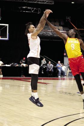 Deon Lyles puts up a three-point shot during the FireLake Arena Fall Shootout Basketball Tournament at FireLake Arena on Oct. 15. Lyles was on the “Shawnee Fire” team, playing against “New Era,” and there were seven teams total in the pro-am open tournament. The Fire won first in the event. Countywide &amp;amp; Sun/Natasha Dunagan