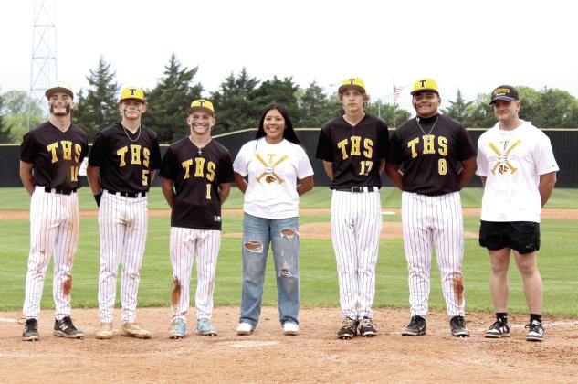 Tecumseh High School held their Baseball Senior Night on April 28. Shown, from left, are Caleb Sparks, Lane Steward, Zant Shirey, manager Zariyah Masquas, Zach Walker, Kadyn Prado and Braxton Meier. Photos by Natasha Dunagan, Countywide &amp; Sun