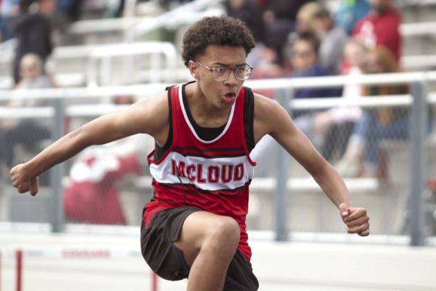 McLoud's Malaki Heath participates in the 100-meter hurdles at the North Rock Creek Track Meet on April 1. Natasha Dunagan, Countywide &amp;amp; Sun