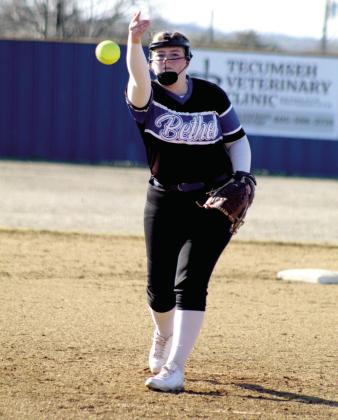 Bethel junior Ashlee Ginn hurls one over home plate during the home game with North Rock Creek on March 28.