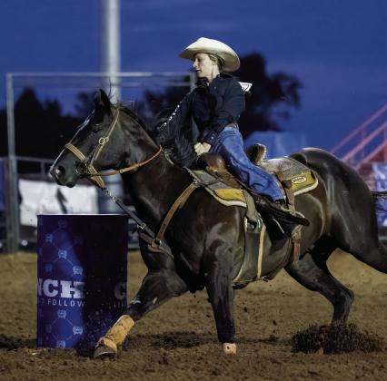 Jessica Staff, of Tecumseh, rounds a barrel in the 32nd Annual International Finals Youth Rodeo on July 8 at the Heart of Oklahoma Expo Center. Photo courtesy of Richelle Treece.