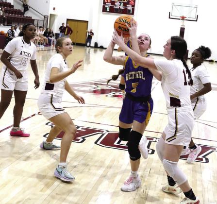 Bethel's Kinley Bowles goes for two in the Area Round 1 game against Atoka on Mar. 6. Bethel won 68-55 before falling to Kingston 47-55. Photo Courtesy of Kent Bush
