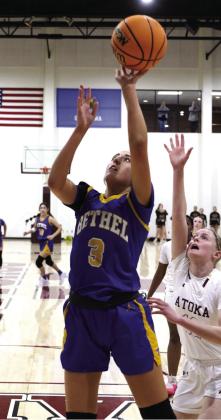 Bethel's Alexis Tucker drops two in the game against Atoka. Photo Courtesy of Kent Bush