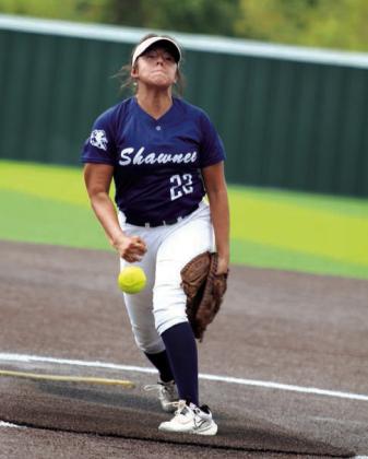 Shawnee’s Nana Martin slings the ball toward home during the Sept. 20 game at the Dale Fast-Pitch Festival held at FireLake Ball Fields, Sept. 19-20. The Lady Wolves lost, 0-8. Countywide &amp; Sun/Natasha Dunagan