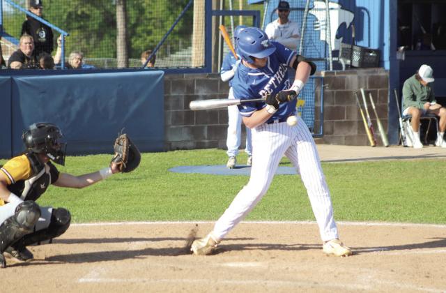 Bethel freshman A.J. Carpenter hits a single during the first inning of the home game with Tecumseh on April 21. Also shown is Tecumseh catcher Caleb Sparks. Countywide &amp;amp; Sun/Natasha Dunagan