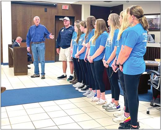 Mayor Ed Bolt introduces Shawnee High School Women’s Swim Team. The team was also presented a certificate in honor of their State Championship win during the Shawnee City Commission meeting held Monday, Mar. 21.