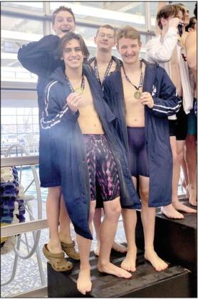 The Shawnee High School Boys Swim Team placed third overall in the Class 5A State Championship Meet on Feb. 18. They are, clockwise from front left, Vincent Tash, Thurman Lee, Maddox Smith and Ethan Oller. Photo provided.