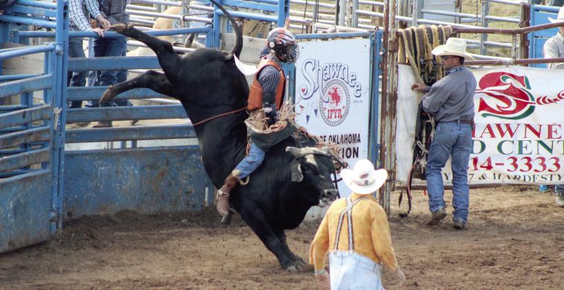 Hayden Averitt, of McLoud, breaks out of the chute on his bull during the International Finals Youth Rodeo on July 7, 2024. File photo