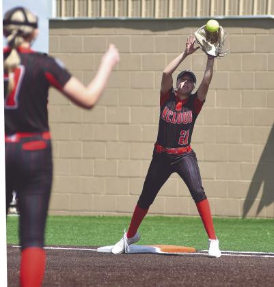 McLoud sophomore Elexias Patterson makes a catch on base during the Class 5A State Slow Pitch Tournament with Tecumseh at FireLake Ball Fields on May 8. The Lady Redskins lost, 4-17, ending their season in the quarterfinals with a record of 17-14. Photo courtesy of Brian Blancett, Lincoln County News