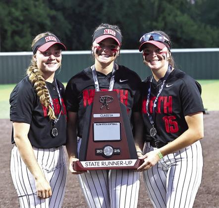 North Rock Creek triplets, Molly, Sarah, &amp;amp; Morgan Campbell receive the 4A Slow Pitch State runner up trophy. Photo courtesyof Gowin Photography
