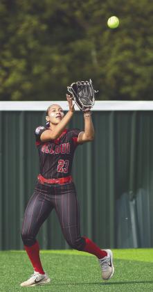 McLoud junior Taycee Lewis makes the catch in the outfield during the Class 5A State Slow Pitch Tournament with Tecumseh at FireLake Ball Fields on May 8. The Lady Redskins lost, 4-17, ending their season in the quarterfinals with a record of 17-14. Photo courtesy of Brian Blancett, Lincoln County News