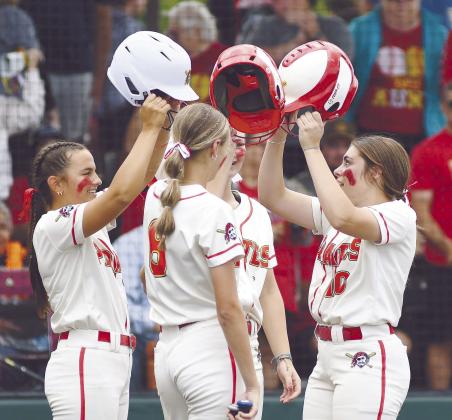 The Dale Lady Pirates celebrate a home run during the Class 4A State Slow Pitch Tournament on May 8 at FireLake Ball Fields. They won all three games - with Calera, 12-1; Haskell, 4-1; and, Pocola, 11-10. Photo courtesy of Brian Blancett, Lincoln County News