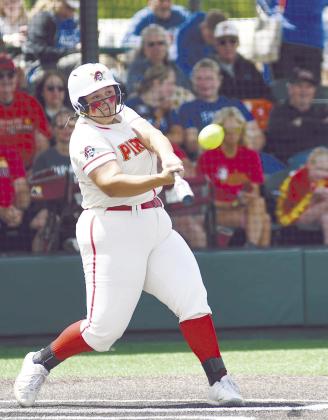 Dale's Kelbey Welcher smacks the ball during the Class 4A State Slow Pitch Tournament. Photo courtesy of Brian Blancett, Lincoln County News