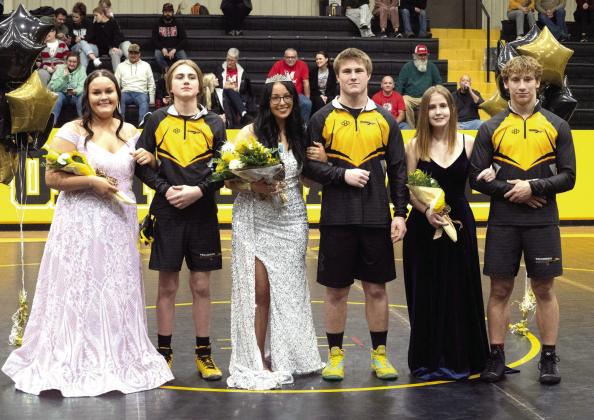 Tecumseh High School held its Wrestling Homecoming on Jan. 10, and crowned wrestling manager Josie Hilton Homecoming Queen. Shown, from left, are senior Jaycee Barham, freshman Carter Hadsall, senior Hilton, senior Hunter Hadsall, senior wrestler Makayla Partain, and senior Jace Frazier. Photo provided by Kenetta Lisenbee.