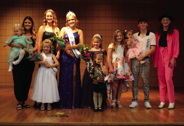 The Frontier Days Pageant was held Sept. 11 at Tecumseh City Hall Auditorium, and welcomed 22 contestants this year. Shown, from left, are Tiny Miss Runner-up Nora Merritt, 1, held by Pageant Coordinator Katie McMahan; front row, Tot Miss Mae McCullough, 6, and Tot Miss Runner-up Cambria Castanada, 3; back row, Miss Frontier Days Runner-Up Chloe Kelsey, 18; Miss Frontier Days Sadie Boatman, 17; Junior Miss Callie Jane Hart, 8; Junior Miss Runner-up Elyssa Elliott, 12; Tiny Miss Rileigh McPherson, 1, held by