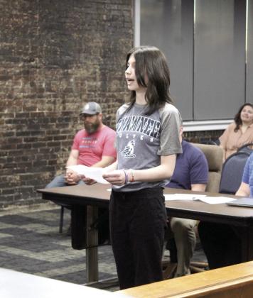 During the February School Board meeting Shawnee freshman Emily Blanchard speaks to the Board of Education about how Jim Thorpe Academy has helped her. File photo