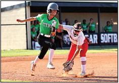 North Rock Creek’s Haley Hacker tags the runner.