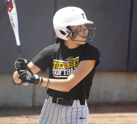 Tecumseh senior Serenity Jacoway prepares for a hit in the State Slowpitch Quarterfinals on May 2. Jacoway is a returning starter this softball season. File photo.