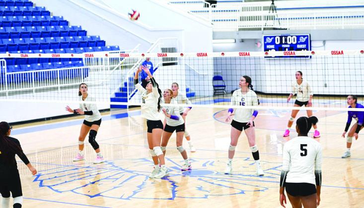 Tecumseh senior Jalee Meyers back-sets the ball for a teammate during the OSSAA Class 4A Volleyball State Quarter als against Community Christian on Oct. 17. According to an article in last week’s Countywide &amp;amp; Sun, this is the st time in school history for a Tecumseh High School volleyball team to compete at state. _ey faced Community Christian School at Sapulpa High School and lost, 0-3. _e Lady Savages end their season with a record of 22-13. Photo courtesy of Kenetta Lisenbee.