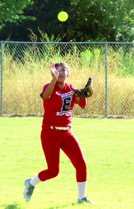 Emalee Yesslith makes the catch in the outfield before throwing to second.
