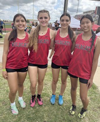 Earlsboro Lady Wildcats Track Team qualified for state in the 4x200 Relay! The Lady Wildcats qualified 15th in Class 1A, and finished 13th at the State Meet at Western Heights on May 3rd, after setting a new school record at 1:57:01 that beat the previous record of 1:58.26 also set by them. Members of the relay team, pictured left to right, are Mia Tanyan (Fr), Xalina McCarroll (So), Jayleen Castaneda (Sr), and Aha Roubidoux (Fr). The team is coached by Stacy Barton. Photo provided