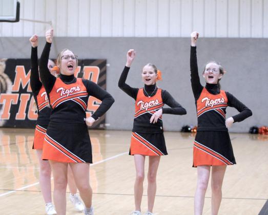 The Maud Cheerleaders sound off after the first quarter of the Dec. 9 girls home game with Macomb.