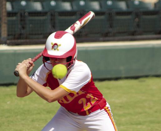 Dale junior Gracee Waller keeps her eye on the ball and eventually gets the walk in the fourth inning of the Dale Fastpitch Festival game with El Reno on Sept. 16. The festival was held at FireLake Ball Fields, and Dale won that game, 8-0, and the next game with Whitesboro, 5-4. They also won on Sept. 15 against Shattuck and Kremlin-Hillsdale. Tecumseh, Bethel and McLoud also participated in the festival, as well as several other teams from around the area.
