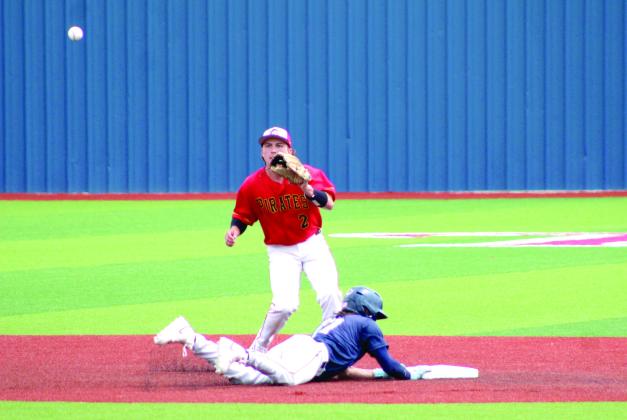 Dale junior Jackson Harris concentrates on the catch at second, but the Oktaha runner has already dove back to the plate during the second inning.