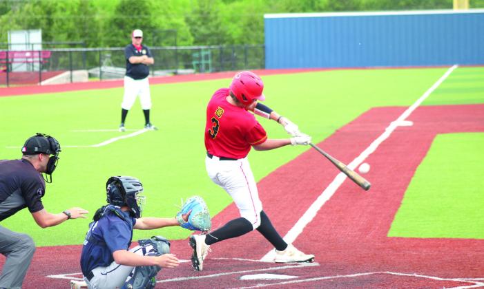 Dale senior Jett Higdon makes a hit in the first inning of the Class 2A State Quarterfinal game.