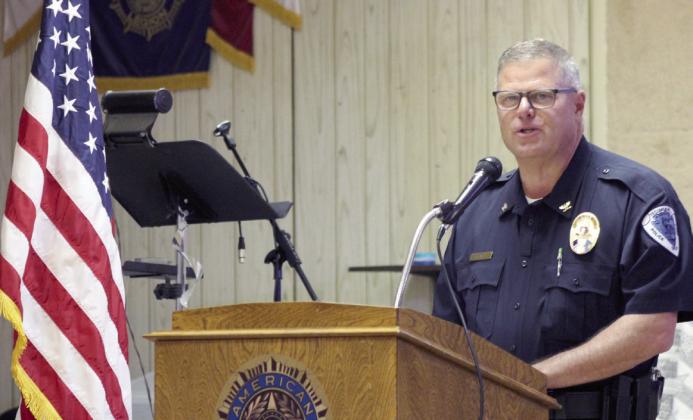 Tecumseh Police Chief J.R. Kidney was the Guest Speaker during the Flag Day Celebration and Flag Retirement at American Legion Post #260 in Tecumseh, June 15. Kidney told about the history of the U.S. flag. Countywide &amp; Sun/Natasha Dunagan