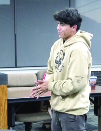Jim Thorpe Academy December graduate Elijah Kaniatobe talks about his time at JTA, during the Feb. 3 Shawnee Board of Education meeting. Kaniatobe plans to join the U.S. Marines. Countywide &amp; Sun/Natasha Dunagan