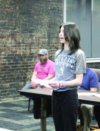 Shawnee freshman Emily Blanchard speaks to the Shawnee Board of Education about how Jim Thorpe Academy has helped her, during the regular meeting on Feb. 3. Countywide &amp; Sun/Natasha Dunagan