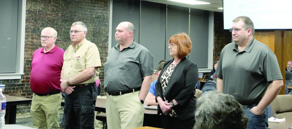 The Shawnee Public Schools support directors were recognized during the Feb. 3 Shawnee Board of Education meeting, and principals from five school sites spoke about each one. Shown, from left, are John Wiles, Bill Huskey, Danny Zarrella, Julie Jesseph and Zach Cowden. Countywide &amp; Sun/Natasha Dunagan