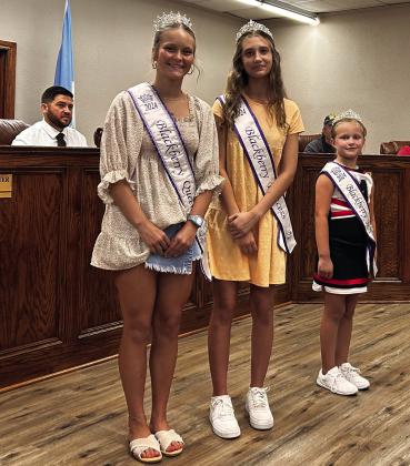 The 2024 Blackberry Festival Royalty attended the McLoud City Council meeting on Thursday, Aug. 22. Pictured from left are Blackberry Queen Addison Adams, Blackberry Princess Haylee Kimsey, and Blackberry Junior Princess Riley Sherman. Countywide &amp;amp; Sun/Suzie Campbell