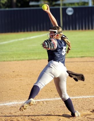 Asher freshman Nevaeh Griffin winds up her pitch in the third inning of the game against Tupelo.