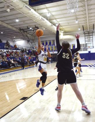 Bailey Tucker sinks two in the matchup with Tecumseh on Feb. 2nd. The Lady Wildcats lost in the final seconds of the game, 43-46. Countywide &amp; Sun/Julie Talton