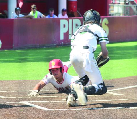 Dale senior Braylon White dives safely home as an RBI in the second inning of the Aug. 13 home game against Amber-Pocasset during the Dale Baseball Tournament. The Pirates won this game, 13-1; lost against Fort Cobb-Broxton on Aug. 14, 9-11; and bounced back for a win against Preston on Aug. 15, 8-6. Also, Dale had a ribbon-cutting for their newly turfed baseball field on Aug. 13. Photos by Natasha Dunagan, Countywide &amp; Sun
