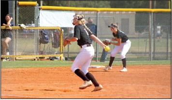 Tecumseh’s Steeli Mitchell winds up her pitch in the third inning of the regional home game against Marlow on Oct. 5. The Lady Savages won 10-0. On Oct. 6, Tecumseh played Newcastle three times. They won the first game, 10-0, lost the second game, 5-8, and won the third game in extra innings, 2-1.
