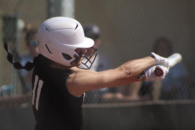 Tecumseh’s Vivian Hayes hits a single in the third inning of the regional home game against Marlow. The Lady Savages won 10-0.