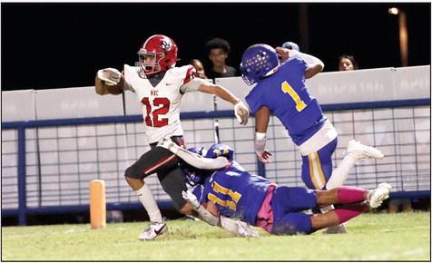 North Rock Creek’s CJ Stephens gets stopped short of the goal line.