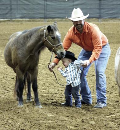 Sage Simpson, age 1 1/2 years, shows his horse Teeny in the Small Ponies division of the Pottawatomie County Free Fair Horse Show, Sept. 6, with the help of his father Alex Simpson, who is a veterinarian in Prague. Teeny won the division.