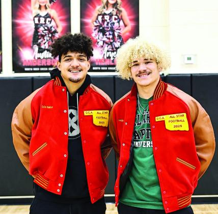 North Rock Creek's Caleb Hawkins &amp;amp; JJ Mc-Clain received the OCS All-Star Jackets for football.