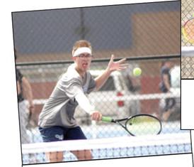 Competing in # 2 Singles, Shawnee junior Carter Schollenbarger makes contact during the Shawnee Invitational. Natasha Dunagan, Countywide &amp; Sun