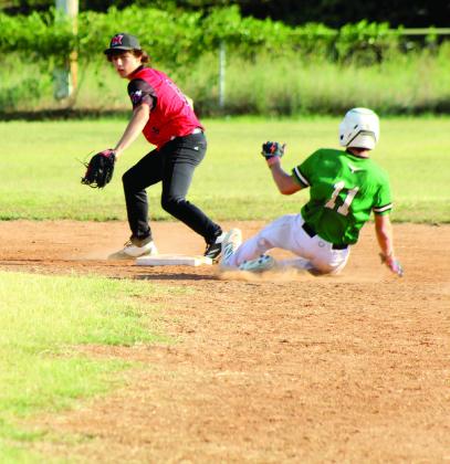 Macomb freshman Kameron Beaver waits for the catch at second, as a Stonewall runner slides toward base, during the Aug. 28 home game.