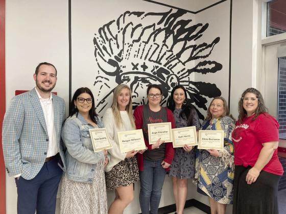 McLoud Intermediate Elementary grand winners pictured from L: Austin Carroll, MSF President, Tariah Brooking, Meagan Wilbourn, Angie Kitsmiller, Kelli Harris, Alona Buchanan and Christina Gilliam, Principal.