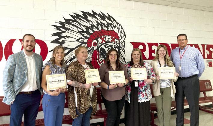 McLoud Junior High grant winners pictured from L: Melanne Greenwood, Principal, Ashley Johnson, Christiane M. Wagner, Faith Engel, Callie Cardin and Austin Carroll, MSF President.