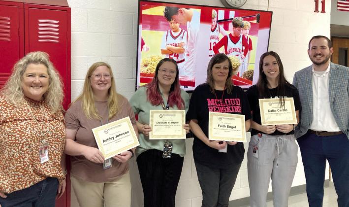 McLoud Junior High grant winners pictured from L: Melanne Greenwood, Principal, Ashley Johnson, Christiane M. Wagner, Faith Engel, Callie Cardin and Austin Carroll, MSF President.